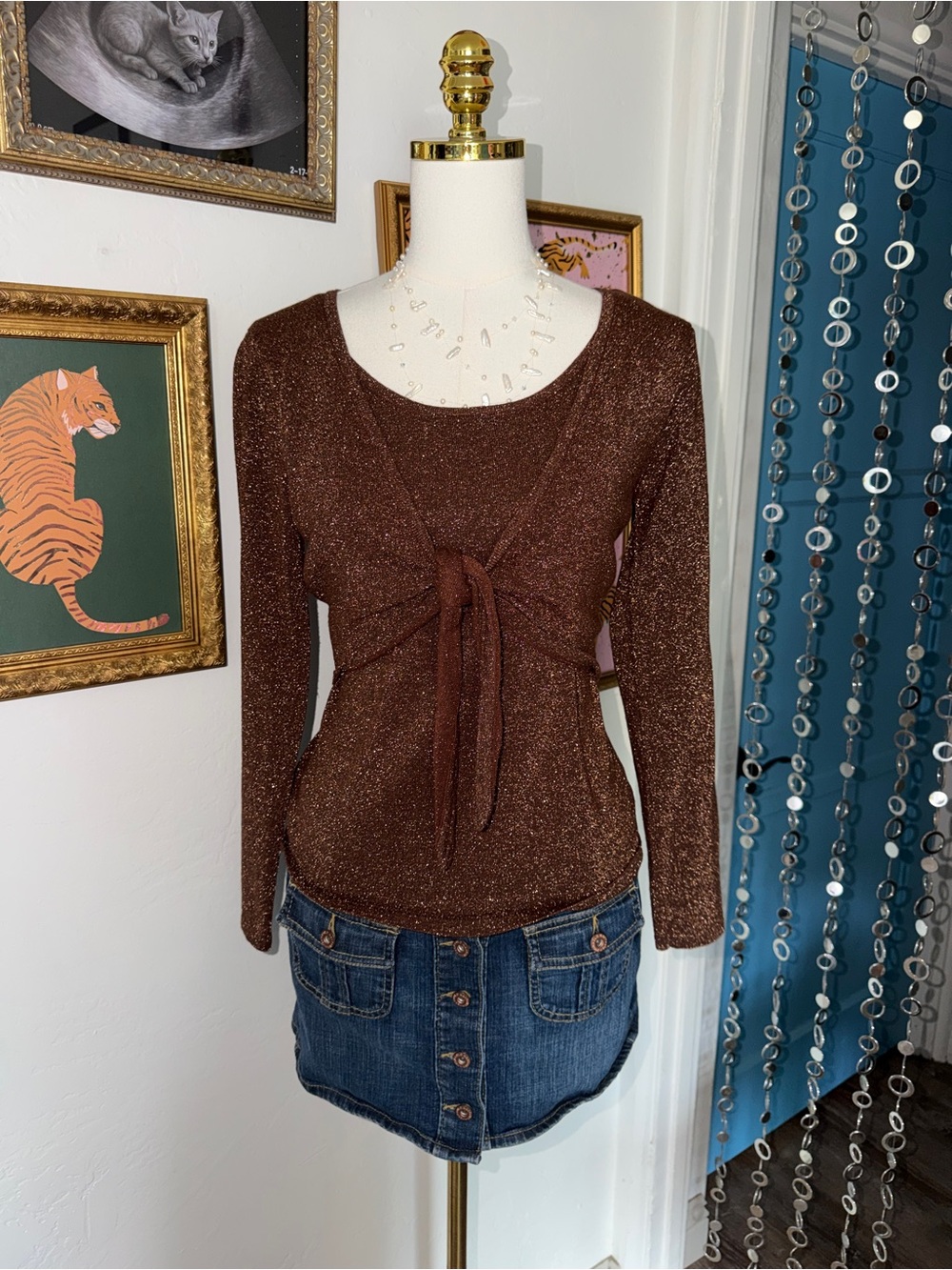 Vintage Y2K Sparkle Tie-Front Brown Long-Sleeve Top